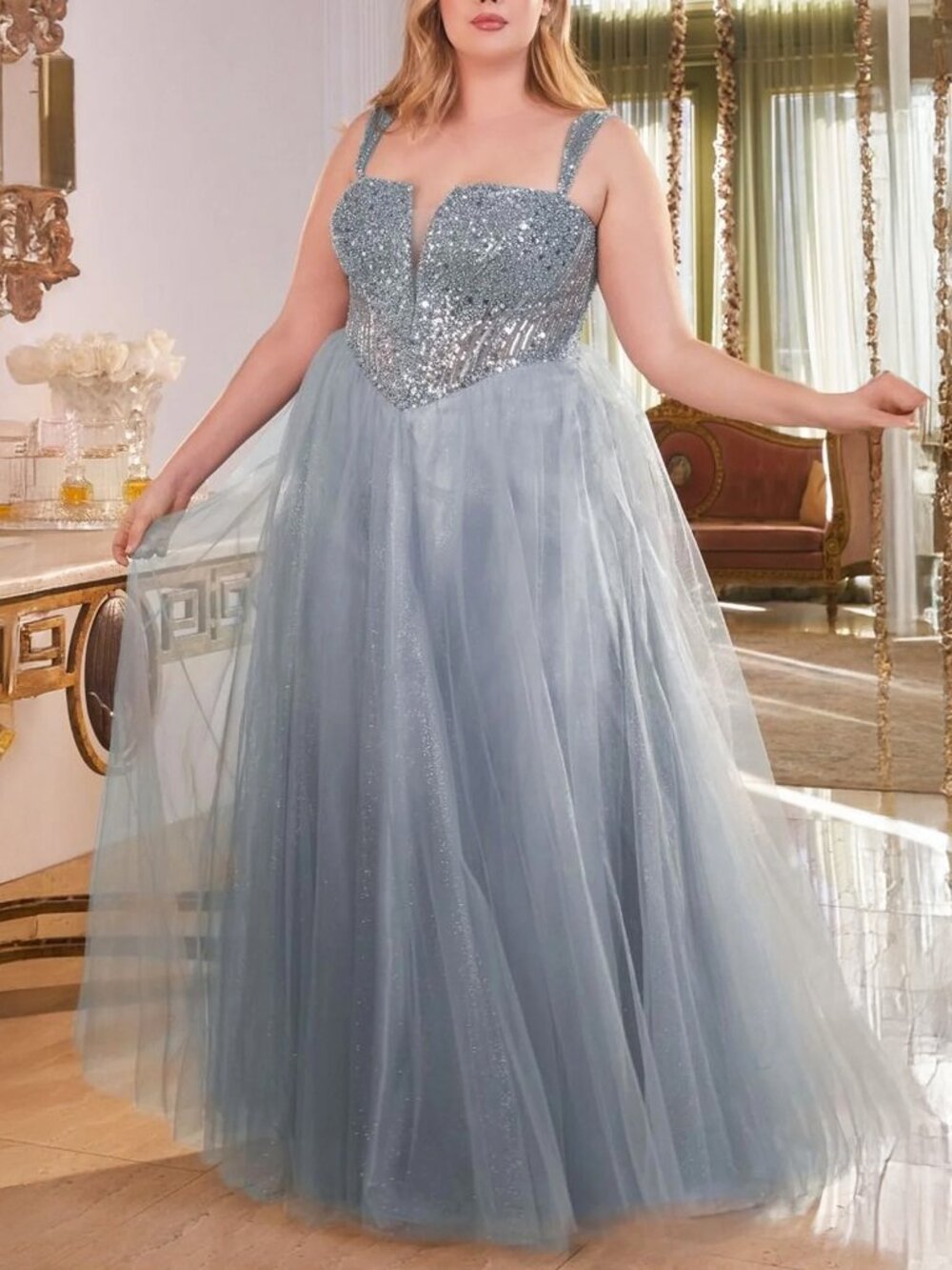 Smoky Blue Sequin Sparkle Tulle Formal Prom Ball Gown Dress 18